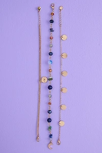 Lapis Lazuli and Green Aventurine Gold Evil Eye Anklet Set
