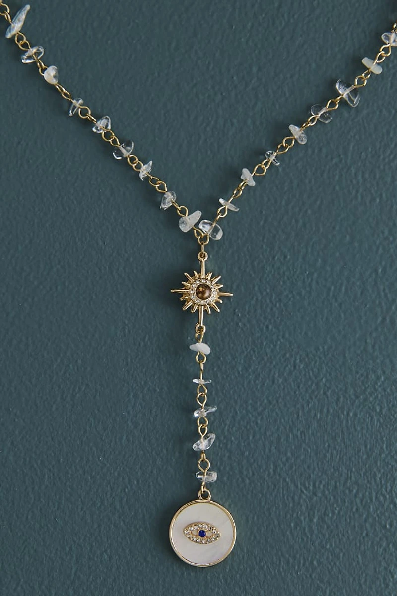 Clear Quartz Evil Eye Pearl Lariat Necklace