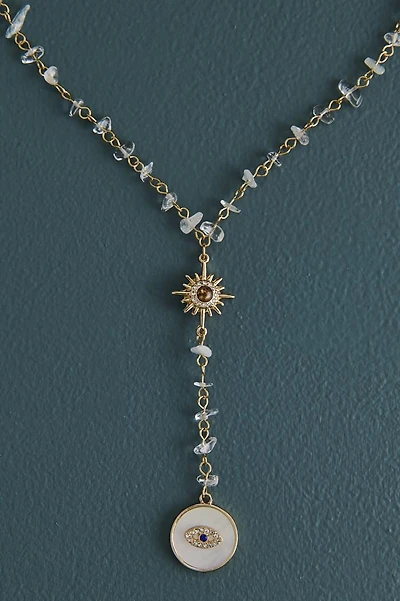 Clear Quartz Evil Eye Pearl Lariat Necklace