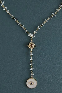 Clear Quartz Evil Eye Pearl Lariat Necklace
