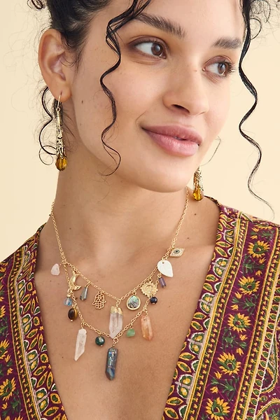 Gold Rustic Boho Crystal Layered Necklace
