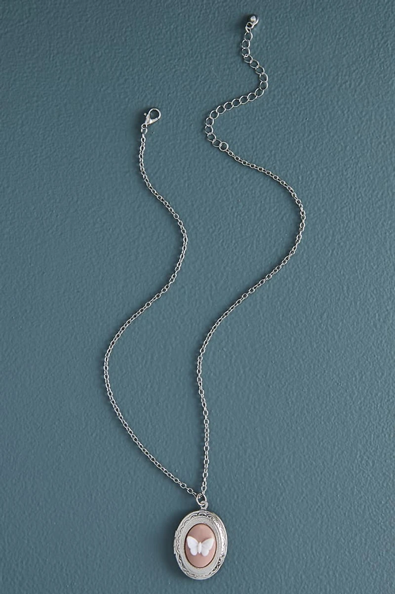 Antique Silver Peach Butterfly Necklace