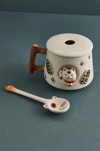 Lucky Cat Mug w/ Spoon and Lid