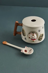 Lucky Cat Mug w/ Spoon and Lid