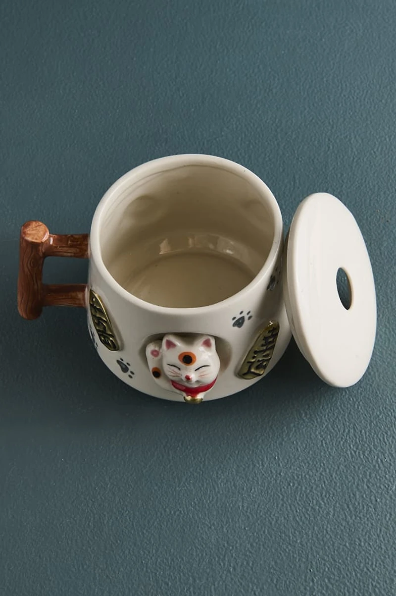 Lucky Cat Mug w/ Spoon and Lid