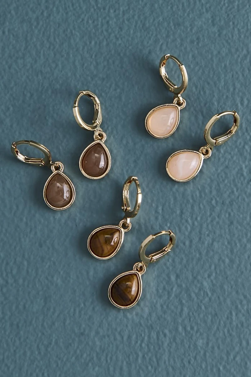 Neutral Teardrop Glass Stone Gold Earring Set