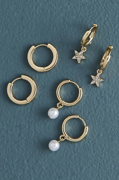 Gold Faux Pearl Mini Hoop Earring Set