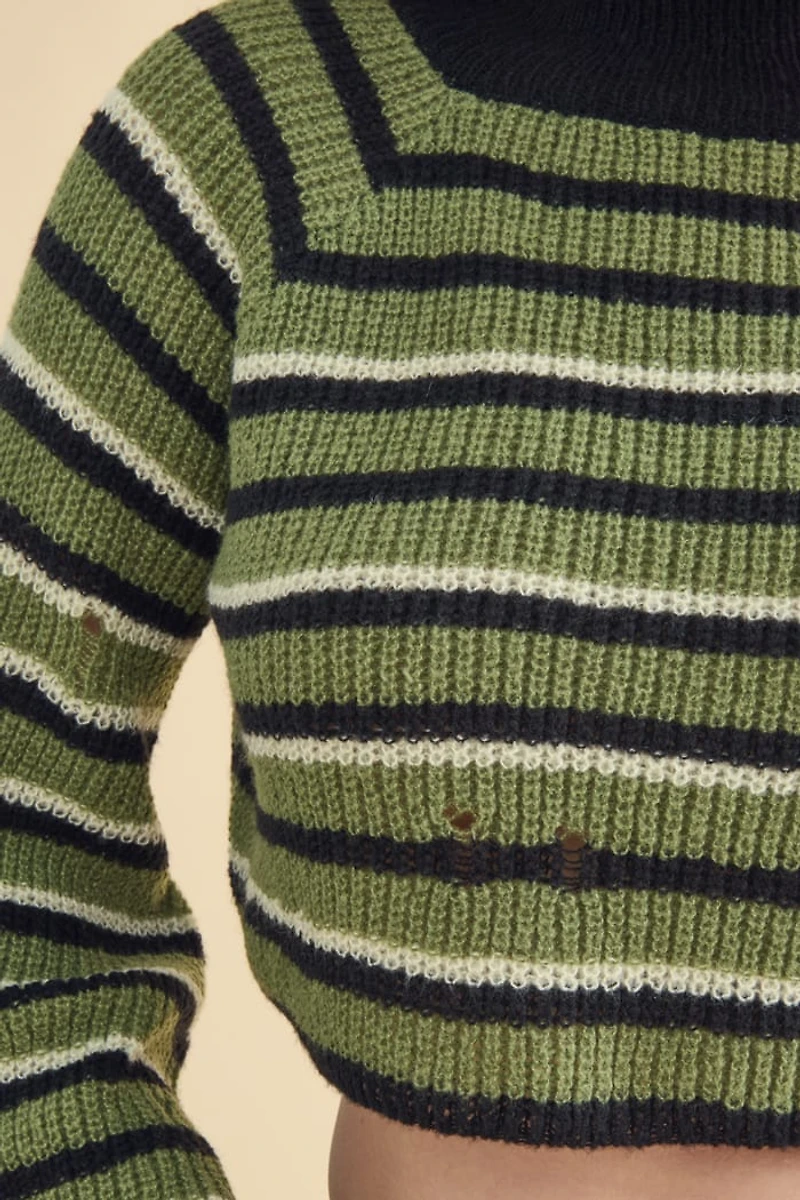 Distressed Micro Hole Turtleneck Crop Sweater"