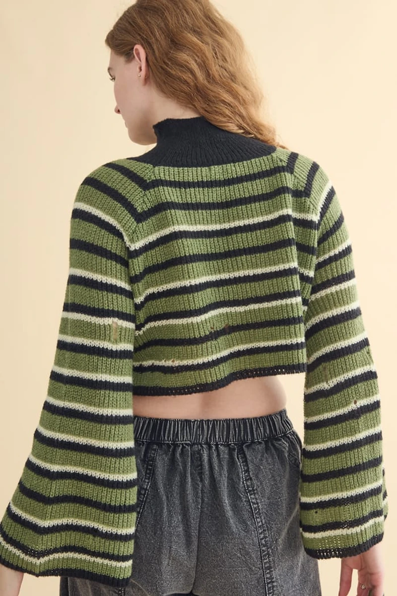 Distressed Micro Hole Turtleneck Crop Sweater"