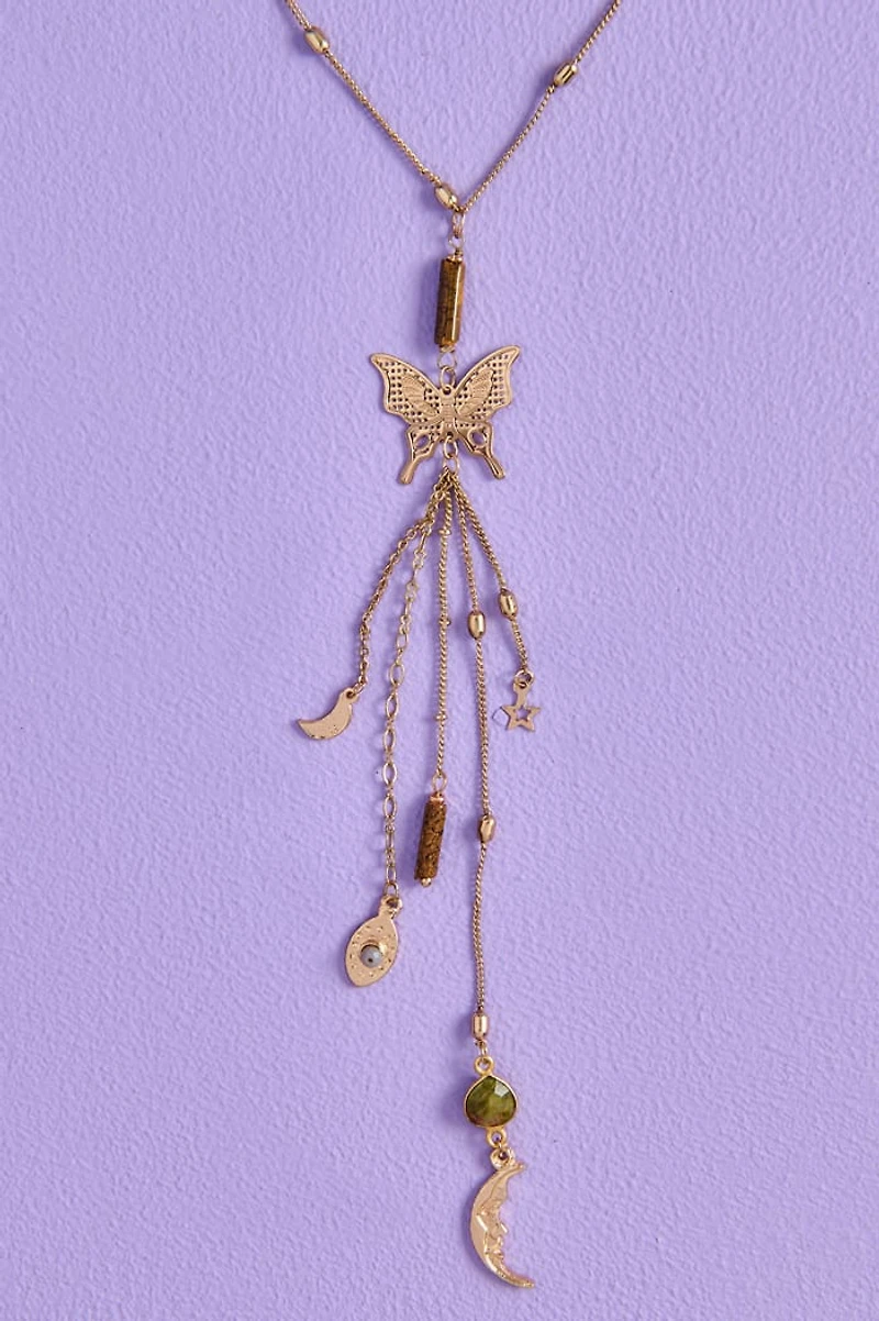 Moss Agate Gold Butterfly Lariat Necklace
