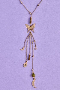 Moss Agate Gold Butterfly Lariat Necklace