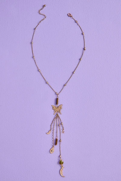Moss Agate Gold Butterfly Lariat Necklace