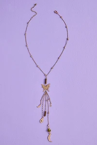 Moss Agate Gold Butterfly Lariat Necklace