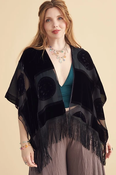 Black Velvet Burnout Patchwork Fringe Shawl