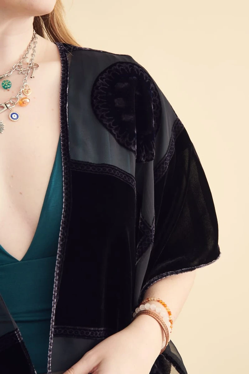 Black Velvet Burnout Patchwork Fringe Shawl