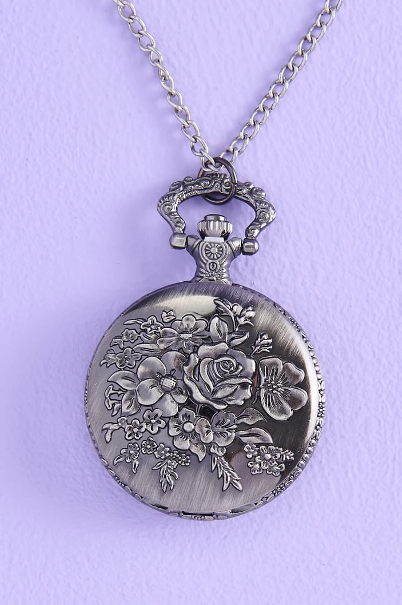 Silver Antique Floral Pocket Watch Necklace