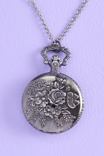 Silver Antique Floral Pocket Watch Necklace