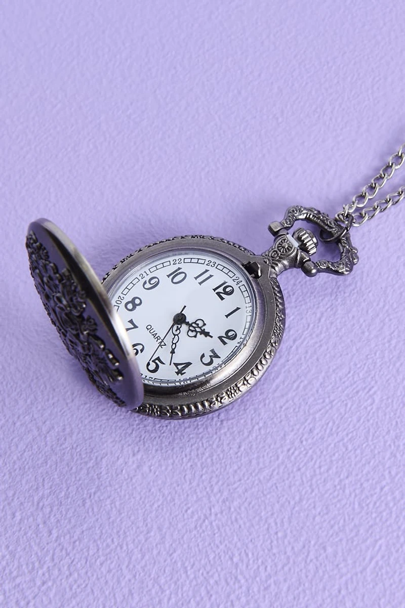 Silver Antique Floral Pocket Watch Necklace