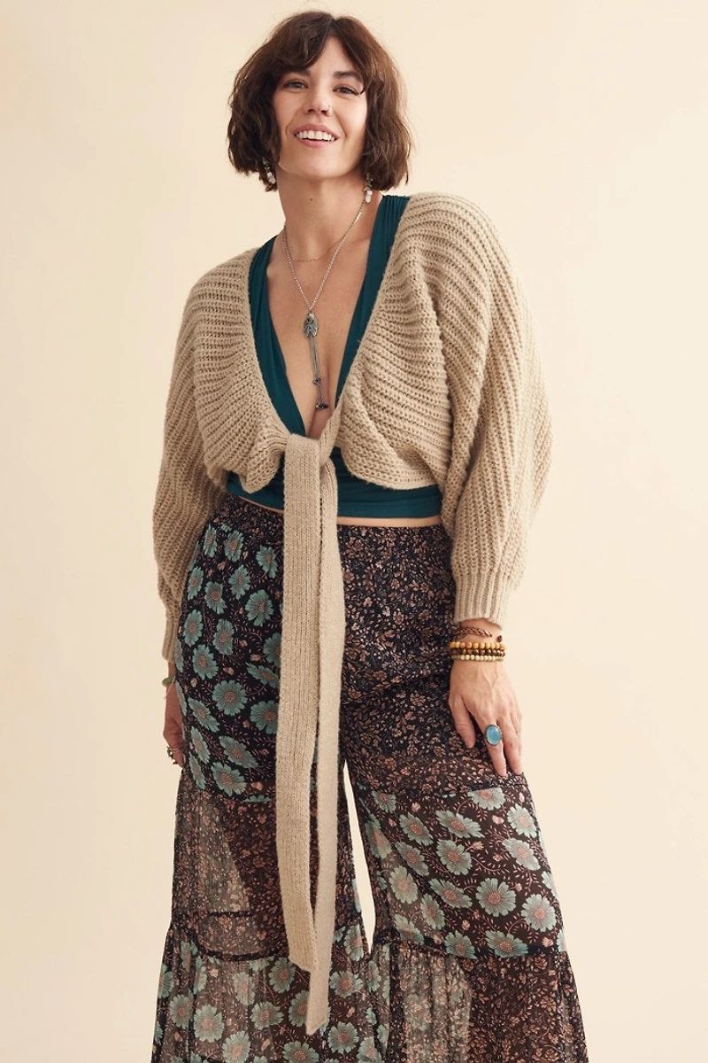 Oat Chunky Knit Tie Front Shrug