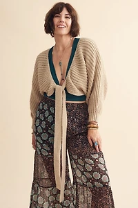 Oat Chunky Knit Tie Front Shrug