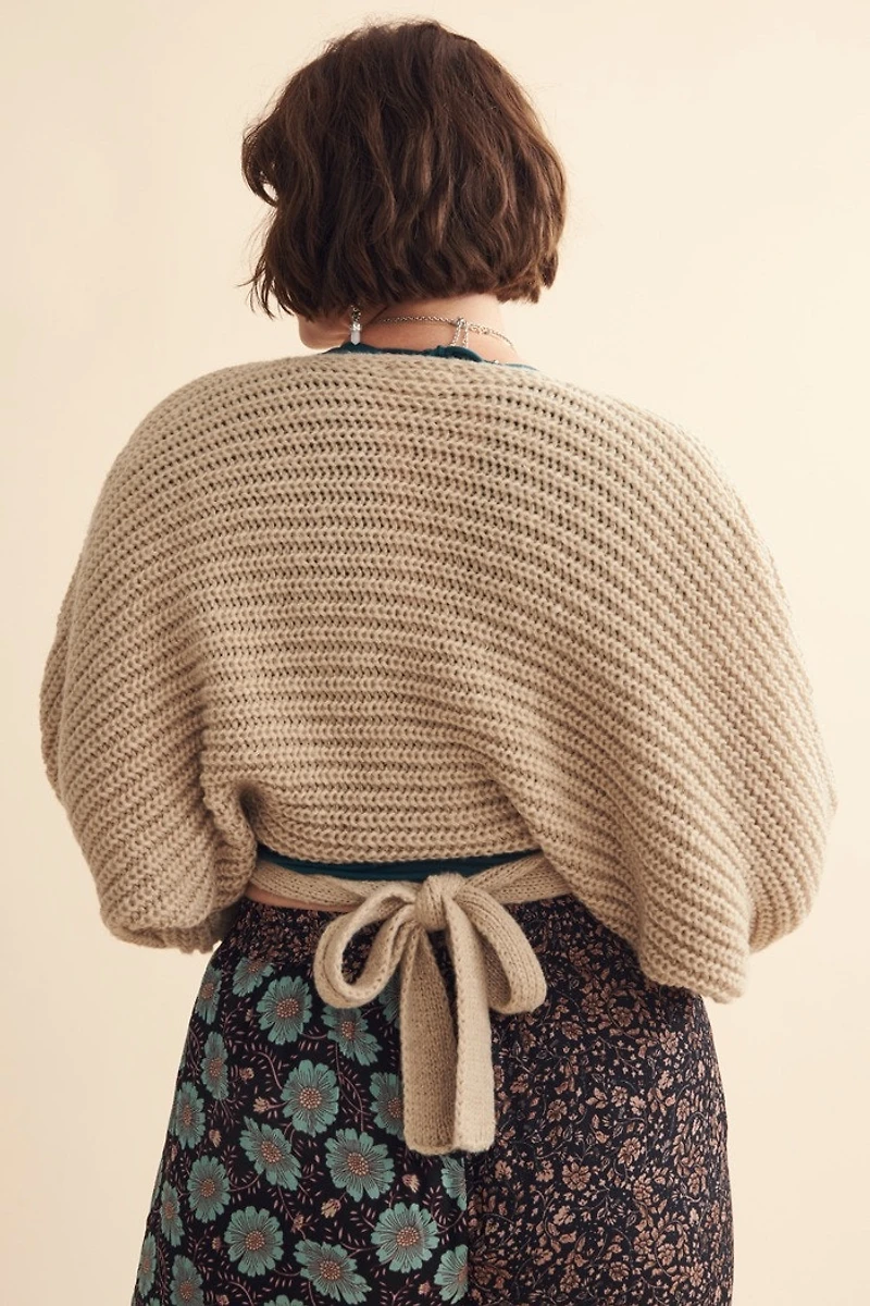 Oat Chunky Knit Tie Front Shrug