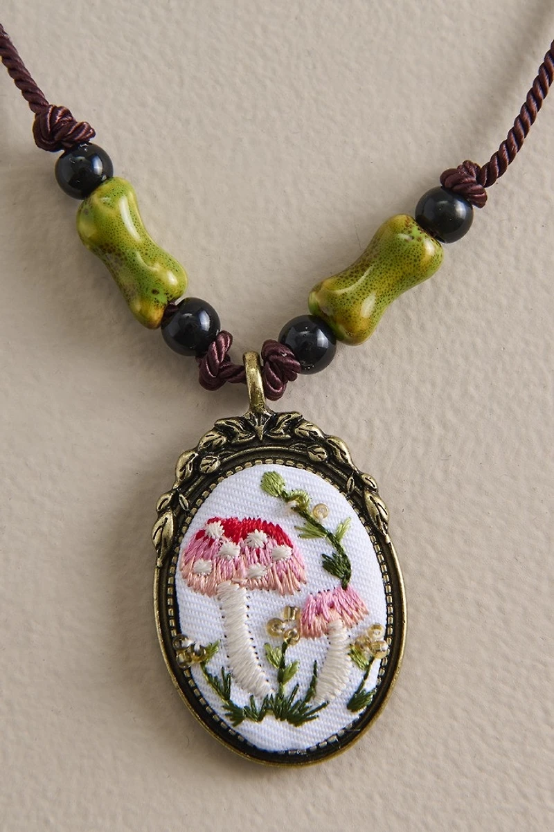 Embroidered Mushroom Vignette Necklace