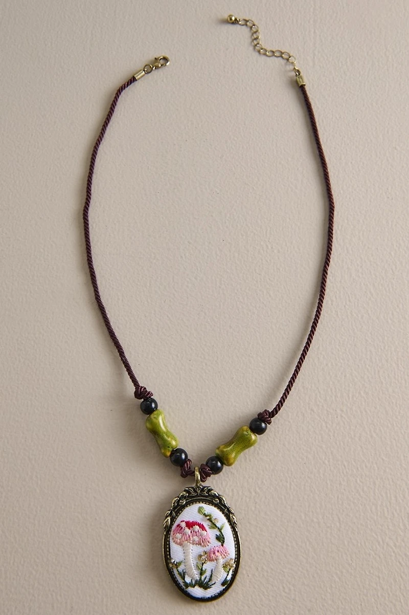 Embroidered Mushroom Vignette Necklace