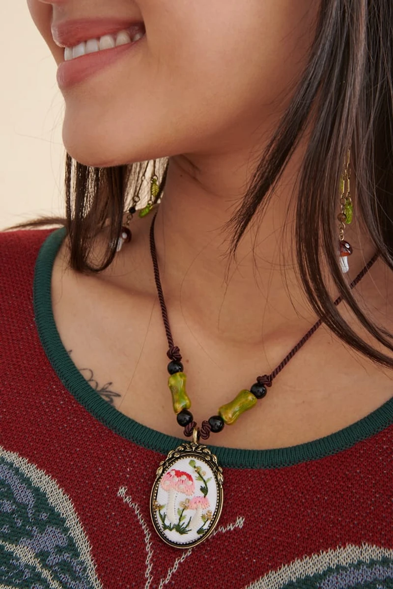 Embroidered Mushroom Vignette Necklace