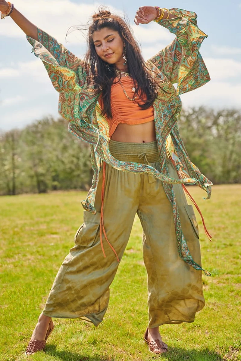 Green Satin Boho Print Wide Leg Pants