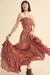 Paisley Strappy Boho Sari Maxi Dress