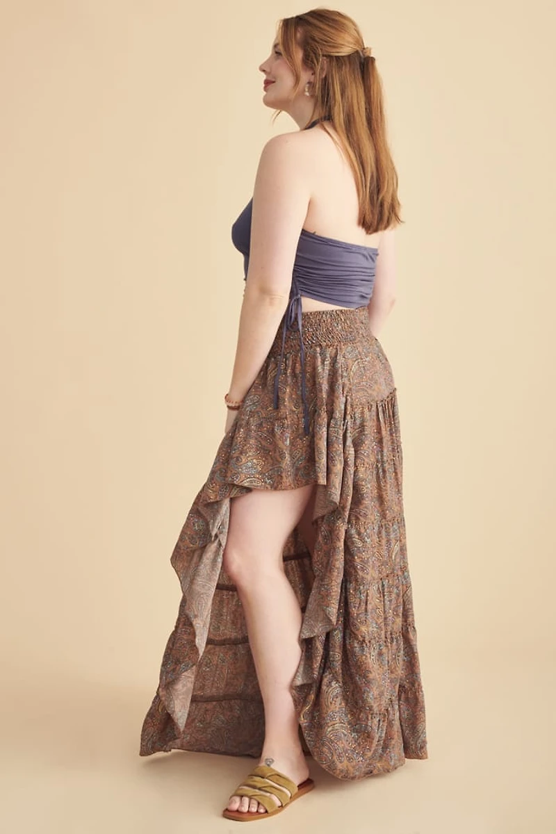 Brown Paisley Hi Lo Sari Maxi Skirt