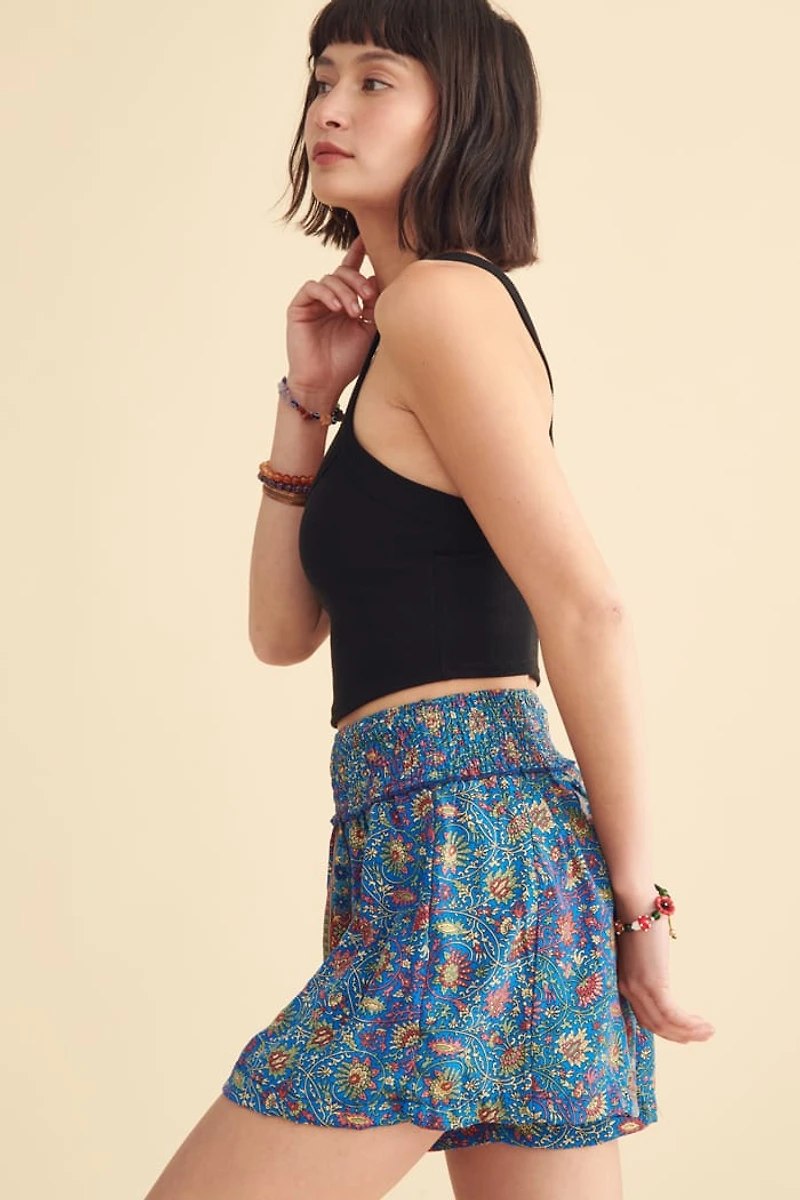 Floral Blue Silk Sari Barcelona Shorts