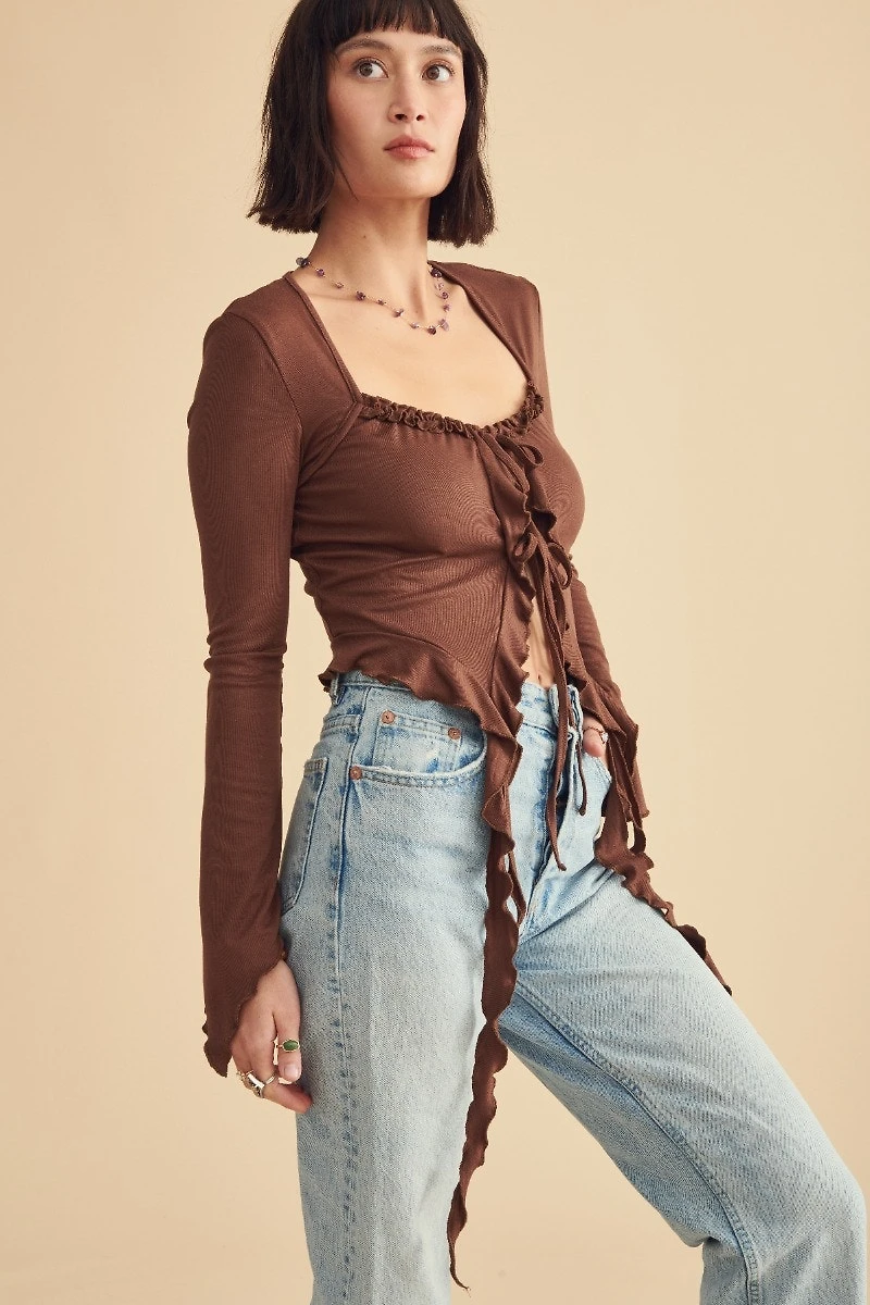 Driftwood Ruffle Tie-Front Shrug
