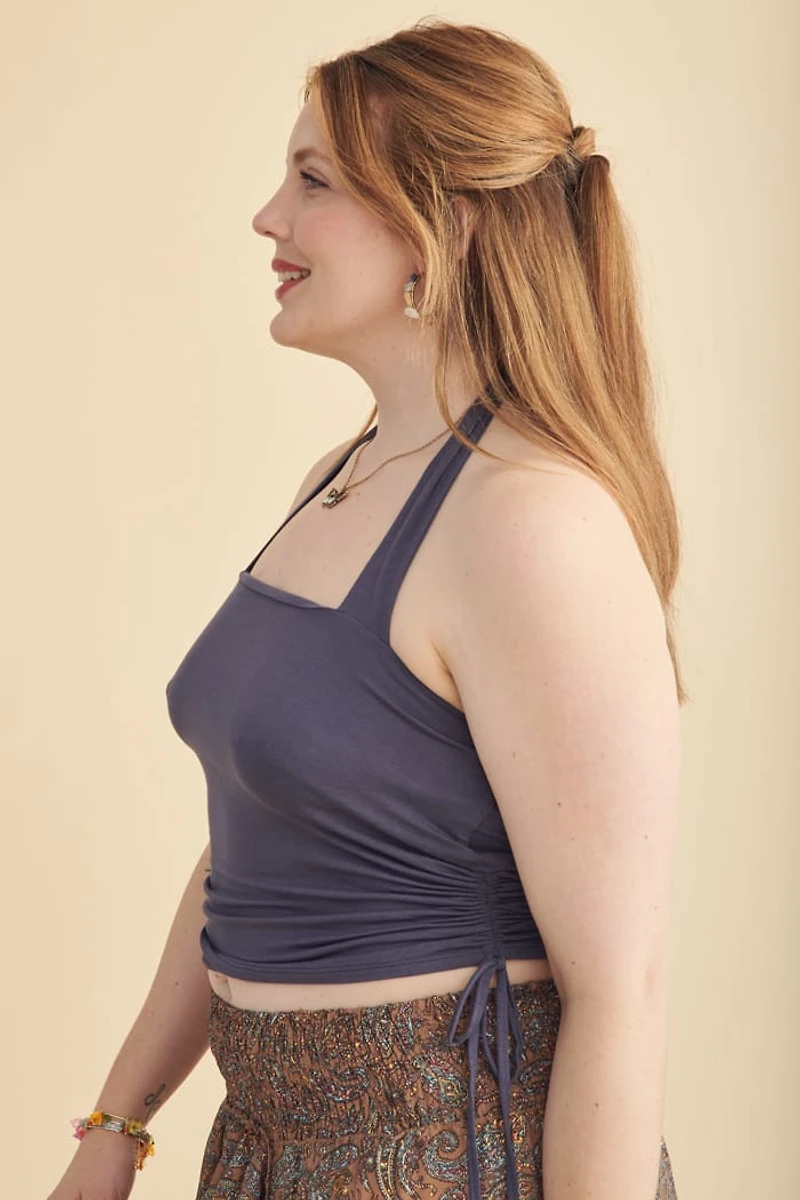 Dusty Blue Cinch-Tie Halter Top