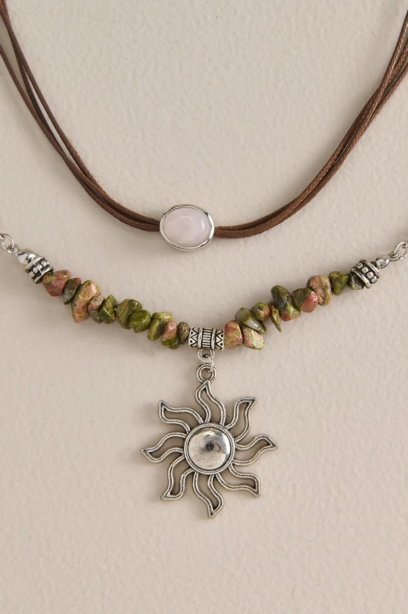 Rose Quartz and Sun Choker Necklace Set