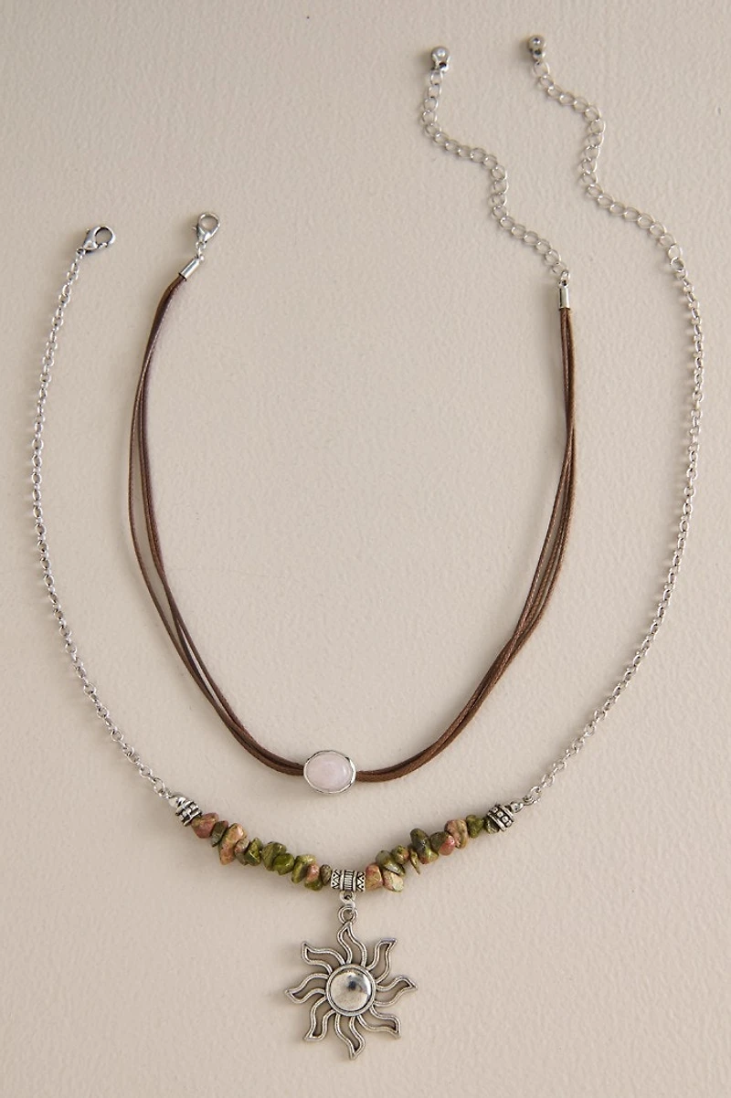 Rose Quartz and Sun Choker Necklace Set
