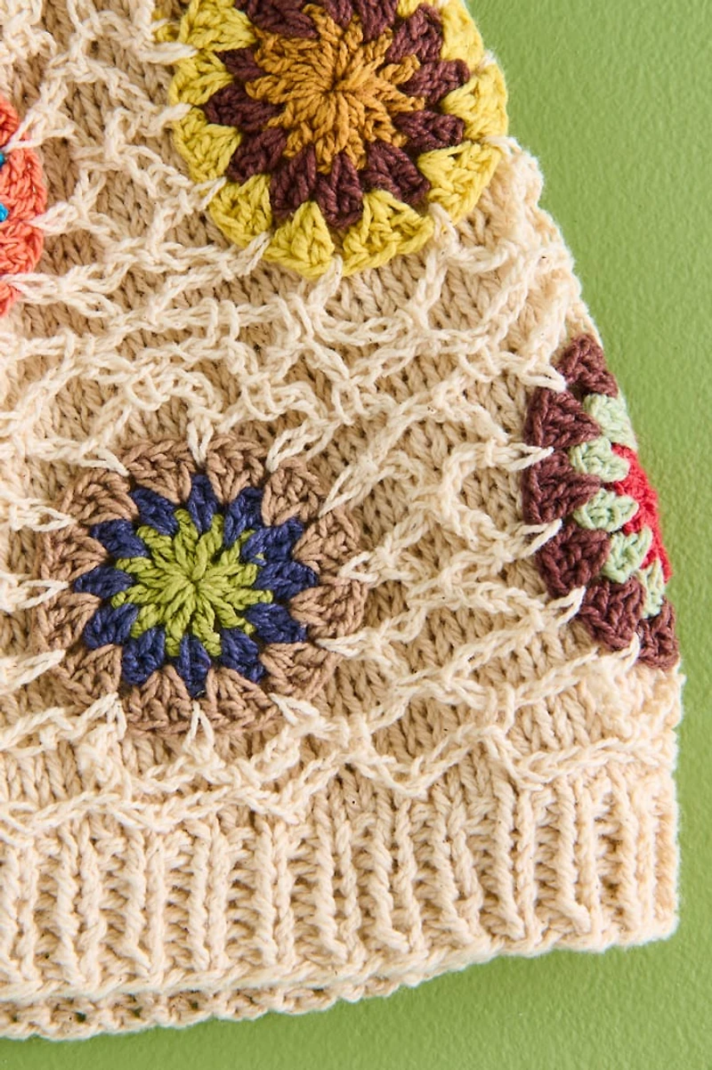 Ivory Vintage Flower Crochet Beanie Hat
