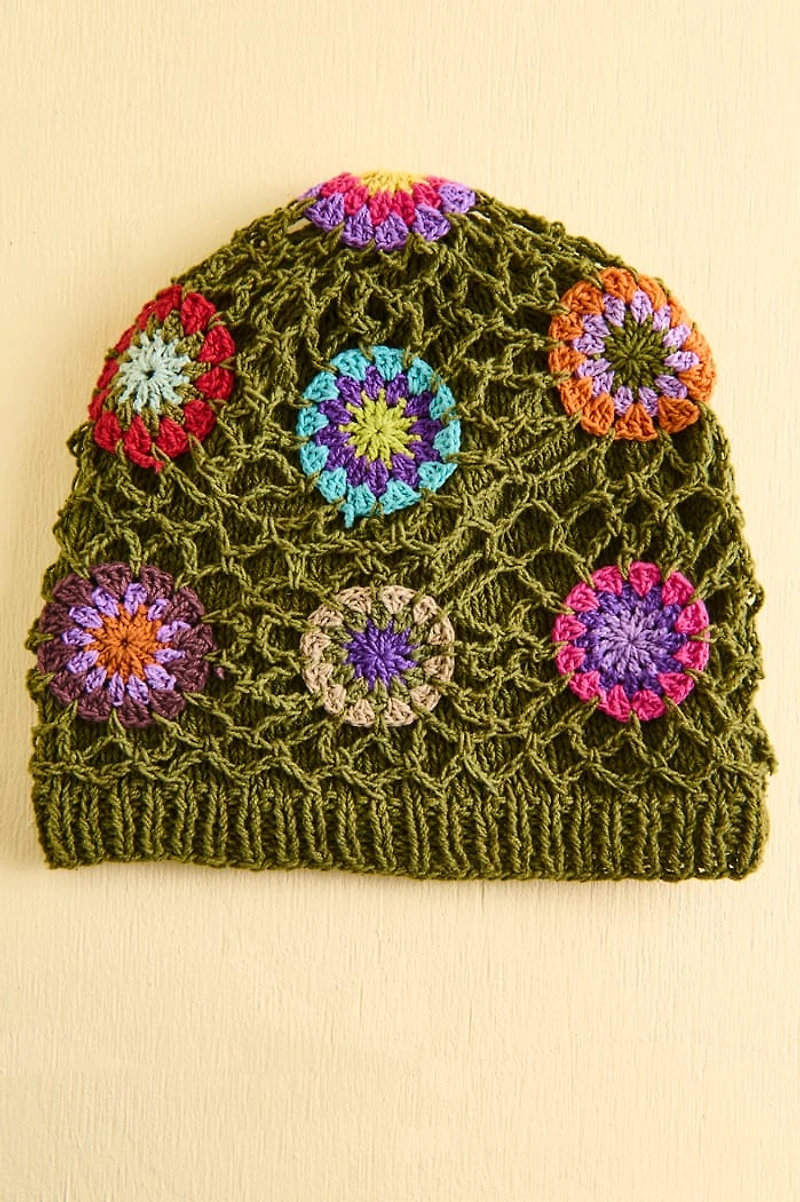 Olive Vintage Flower Crochet Beanie Hat