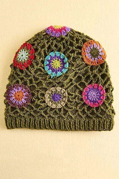 Olive Vintage Flower Crochet Beanie Hat