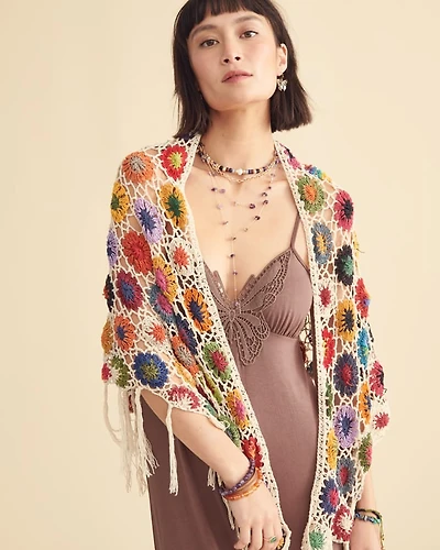 Ivory Vintage Flower Crochet Festival Shawl