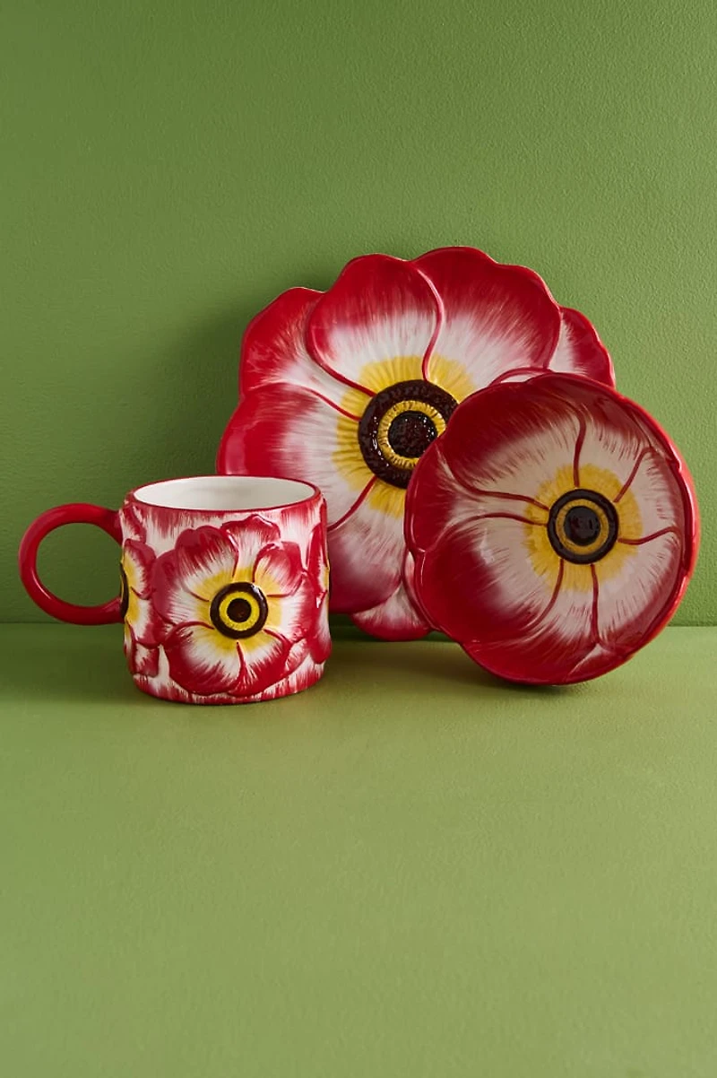 Buy Red Floral Ceramic Bowl - Boho Artisan Style Home Accent