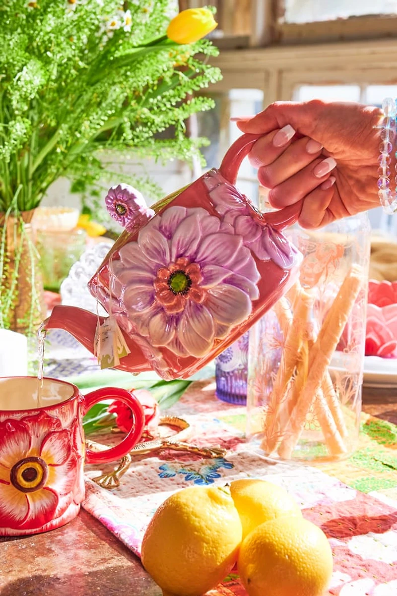 Pink Blushing Flower Artisan-Painted Ceramic Teapot