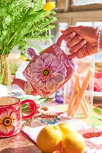 Pink Blushing Flower Artisan-Painted Ceramic Teapot