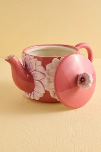 Pink Blushing Flower Artisan-Painted Ceramic Teapot