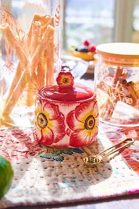 Red Blushing Flower Artisan-Painted Sugar Bowl