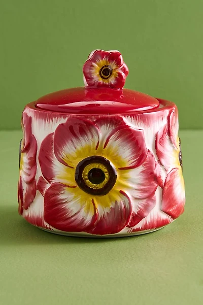 Red Blushing Flower Artisan-Painted Sugar Bowl