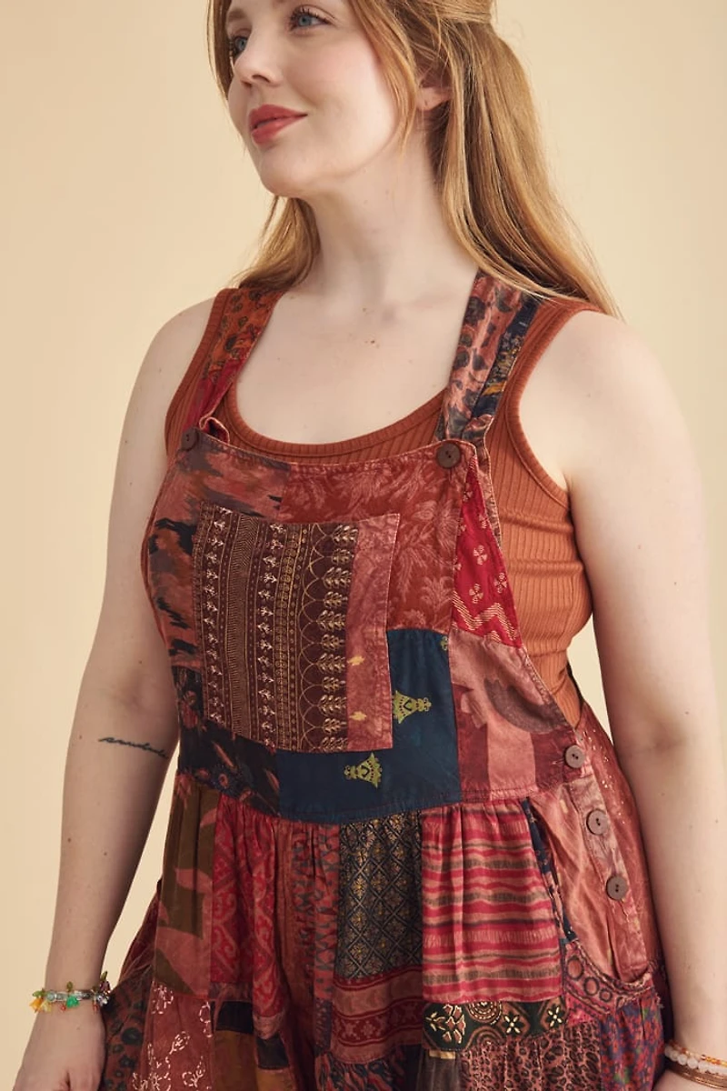 Assorted Berry Overdyed Patchwork Overall Skort Romper