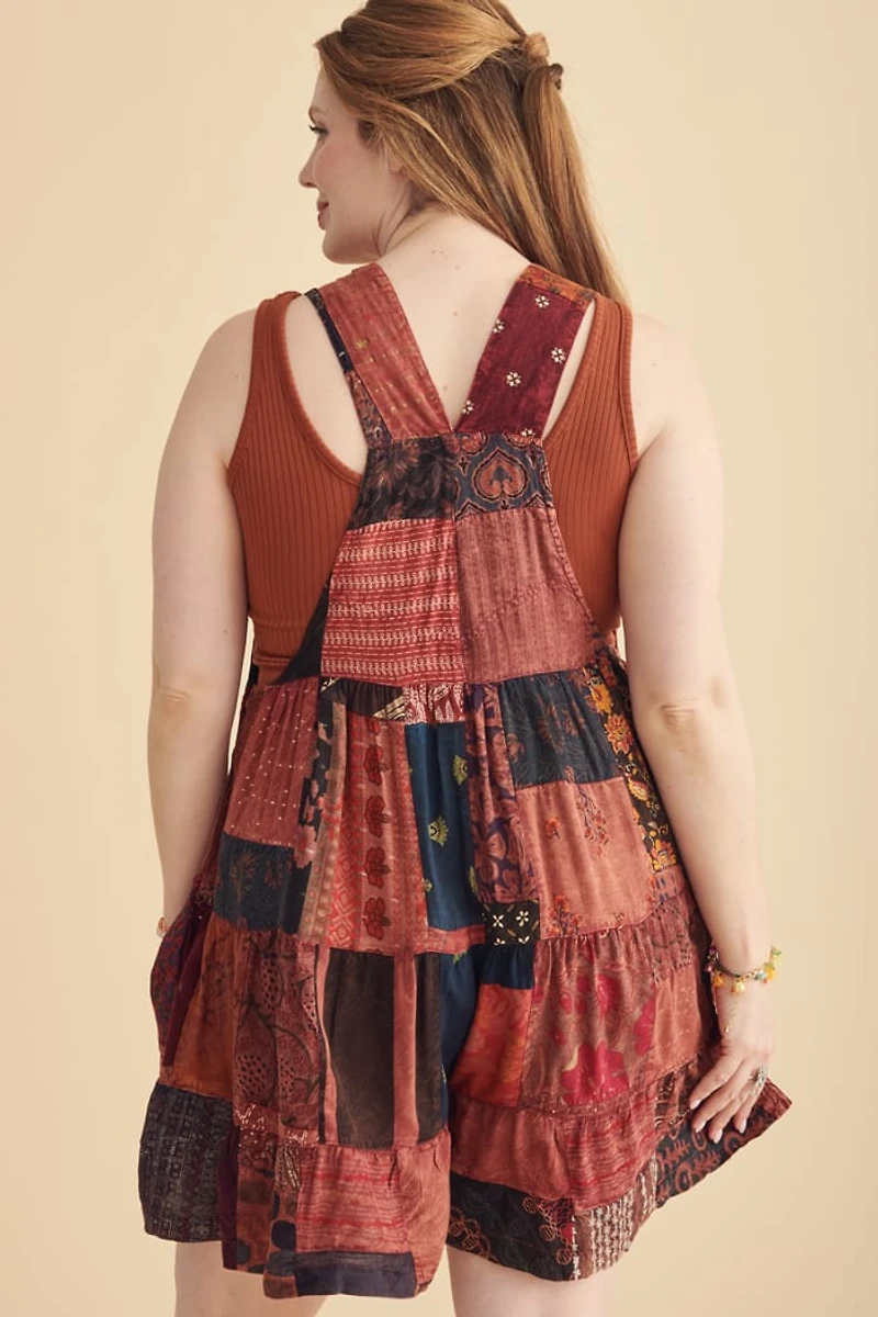 Assorted Berry Overdyed Patchwork Overall Skort Romper