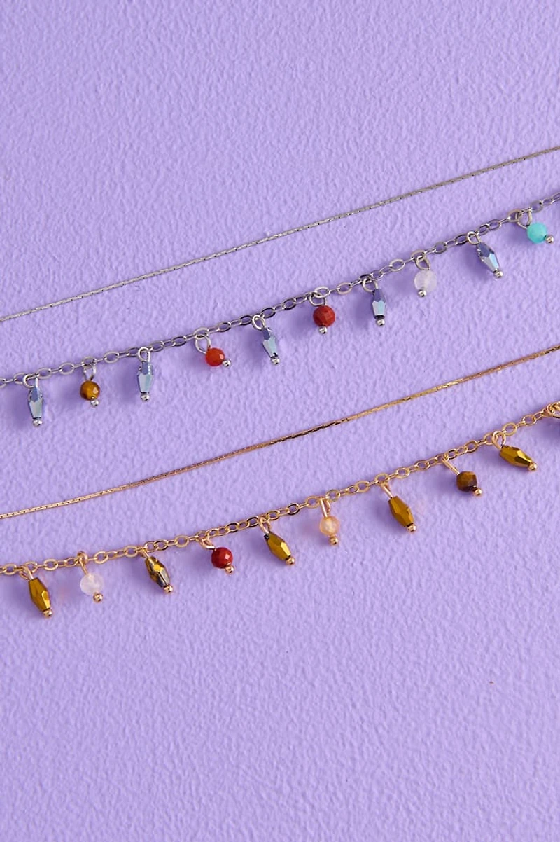 Multi Stone Silver and Gold Layered Anklet Set