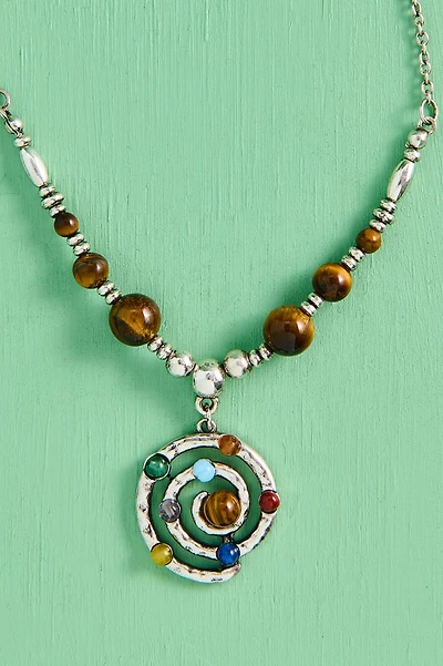 Multi Stone Solar Spiral Hammered Necklace